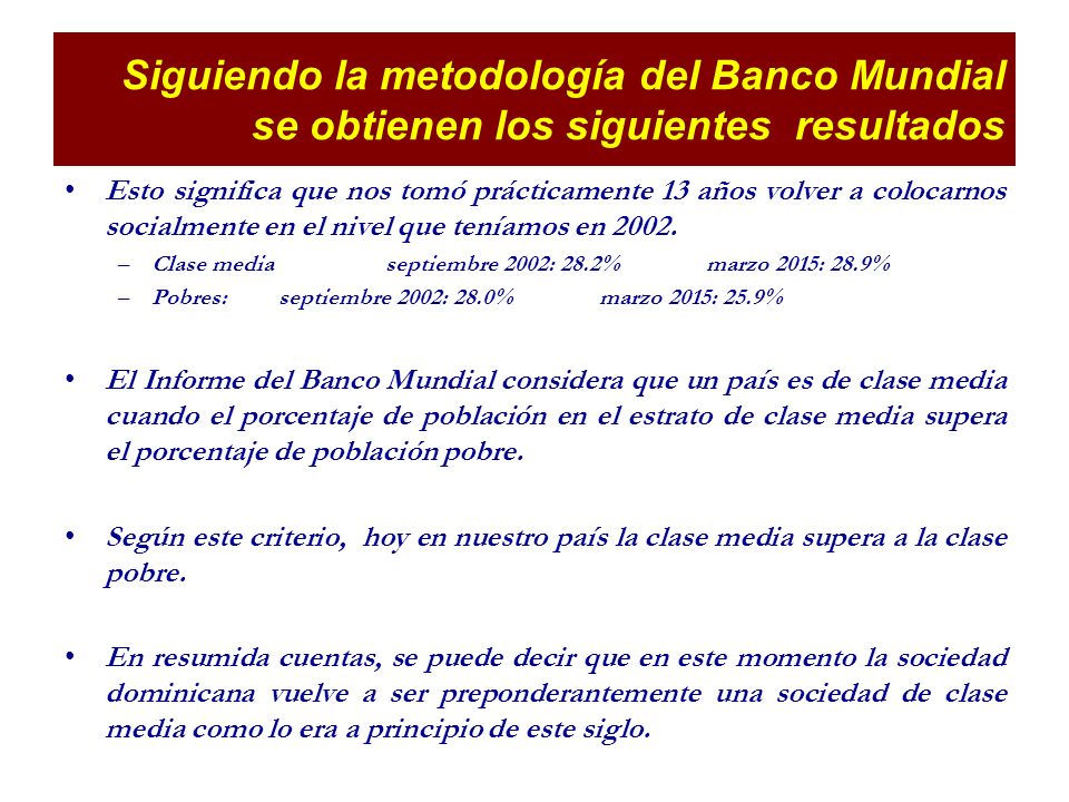 Siguiendo la metodología del Banco Mundial se obtienen los siguientes resultados