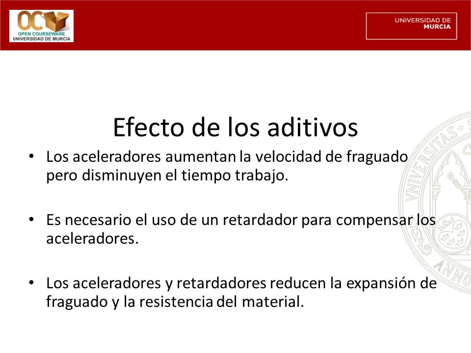 Efecto de los aditivos Los aceleradores aumentan la velocidad de fraguado pero disminuyen el tiempo trabajo.