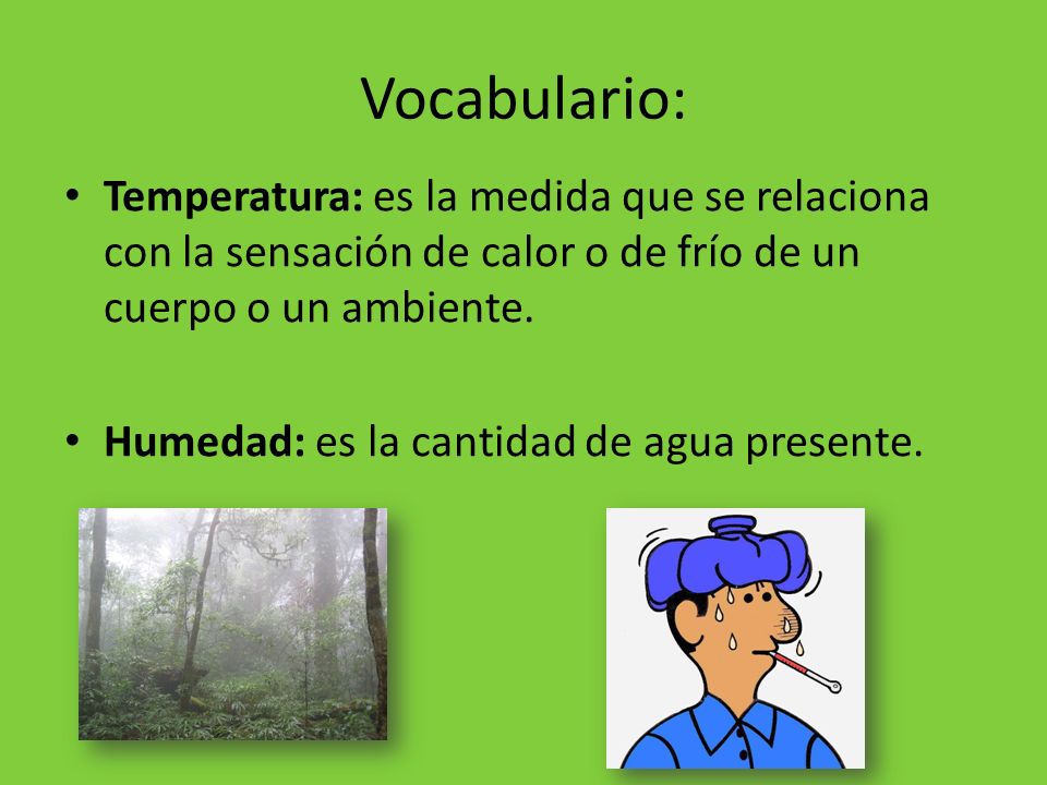Vocabulario: Temperatura: es la medida que se relaciona con la sensación de calor o de frío de un cuerpo o un ambiente.