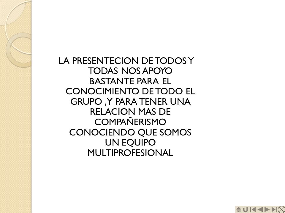 LA PRESENTECION DE TODOS Y TODAS NOS APOYO BASTANTE PARA EL CONOCIMIENTO DE TODO EL GRUPO ,Y PARA TENER UNA RELACION MAS DE COMPAÑERISMO CONOCIENDO QUE SOMOS UN EQUIPO MULTIPROFESIONAL
