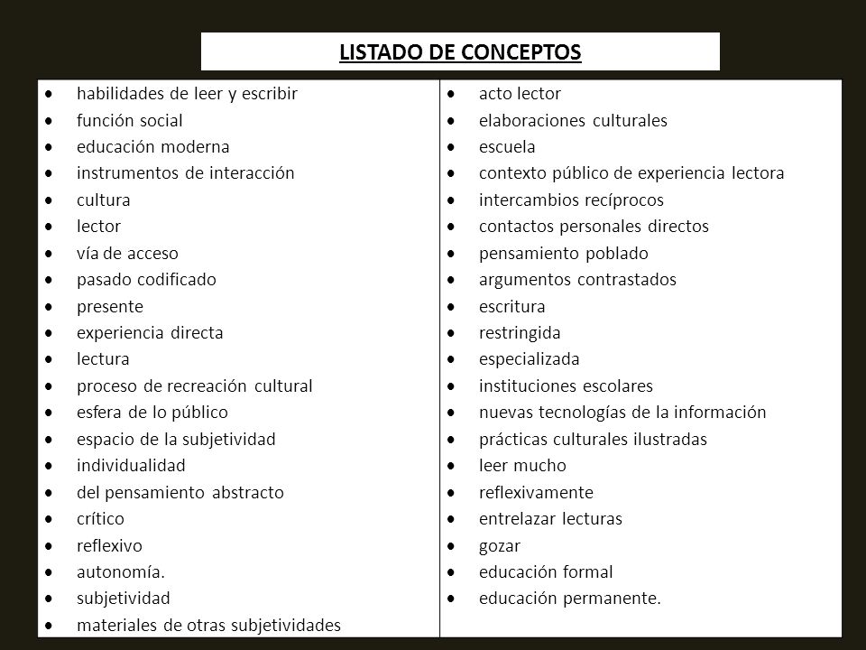 LISTADO DE CONCEPTOS habilidades de leer y escribir función social