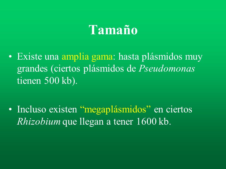 Tamaño Existe una amplia gama: hasta plásmidos muy grandes (ciertos plásmidos de Pseudomonas tienen 500 kb).