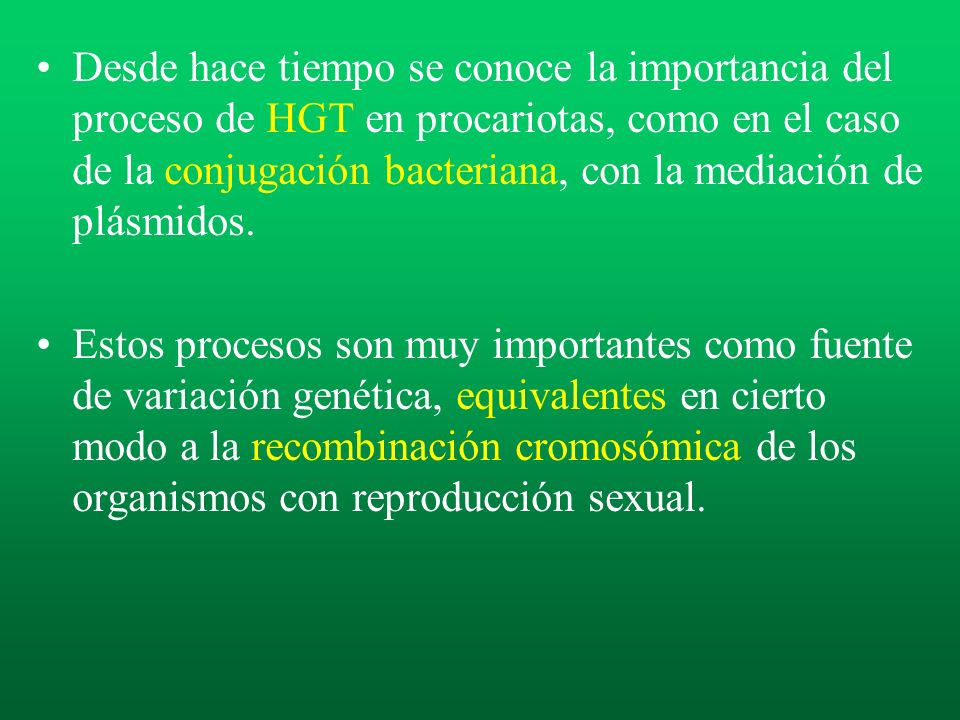 Desde hace tiempo se conoce la importancia del proceso de HGT en procariotas, como en el caso de la conjugación bacteriana, con la mediación de plásmidos.
