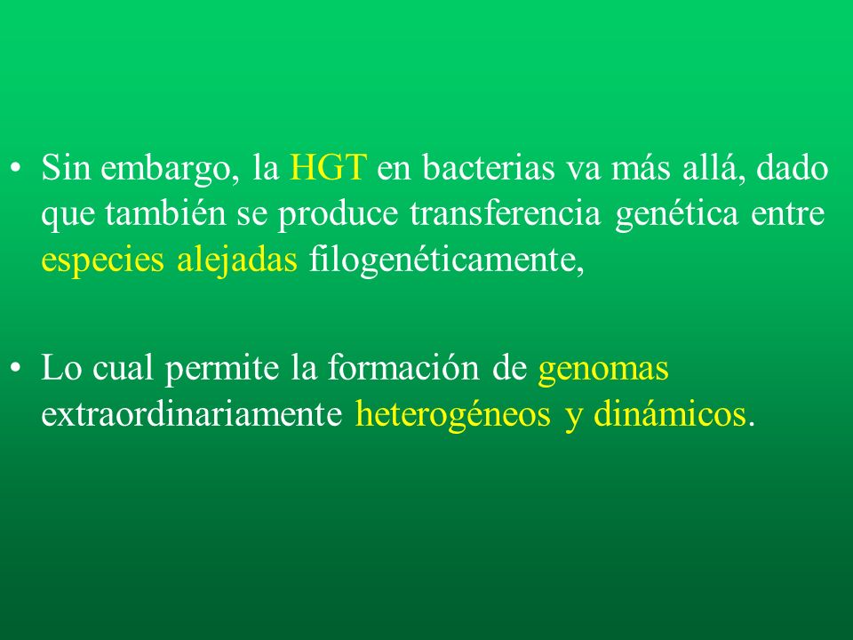 Sin embargo, la HGT en bacterias va más allá, dado que también se produce transferencia genética entre especies alejadas filogenéticamente,