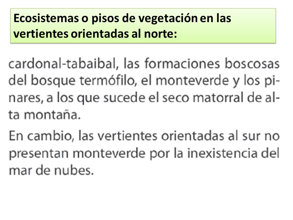 Ecosistemas o pisos de vegetación en las vertientes orientadas al norte:
