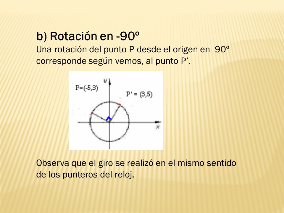 b) Rotación en -90º Una rotación del punto P desde el origen en -90º corresponde según vemos, al punto P’.