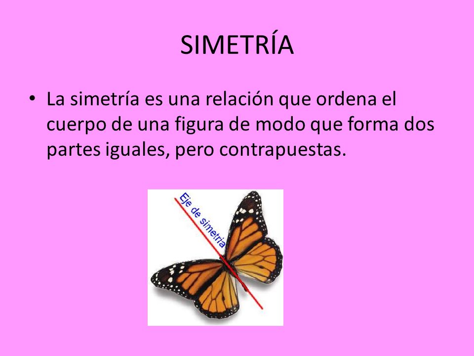 SIMETRÍA La simetría es una relación que ordena el cuerpo de una figura de modo que forma dos partes iguales, pero contrapuestas.