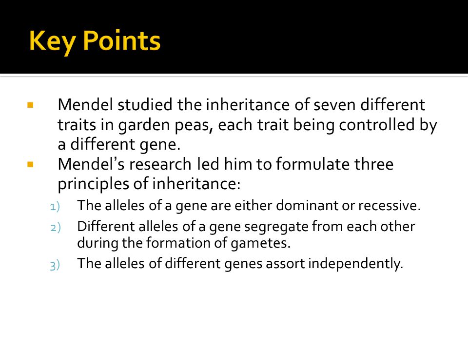 Key Points Mendel studied the inheritance of seven different traits in garden peas, each trait being controlled by a different gene.