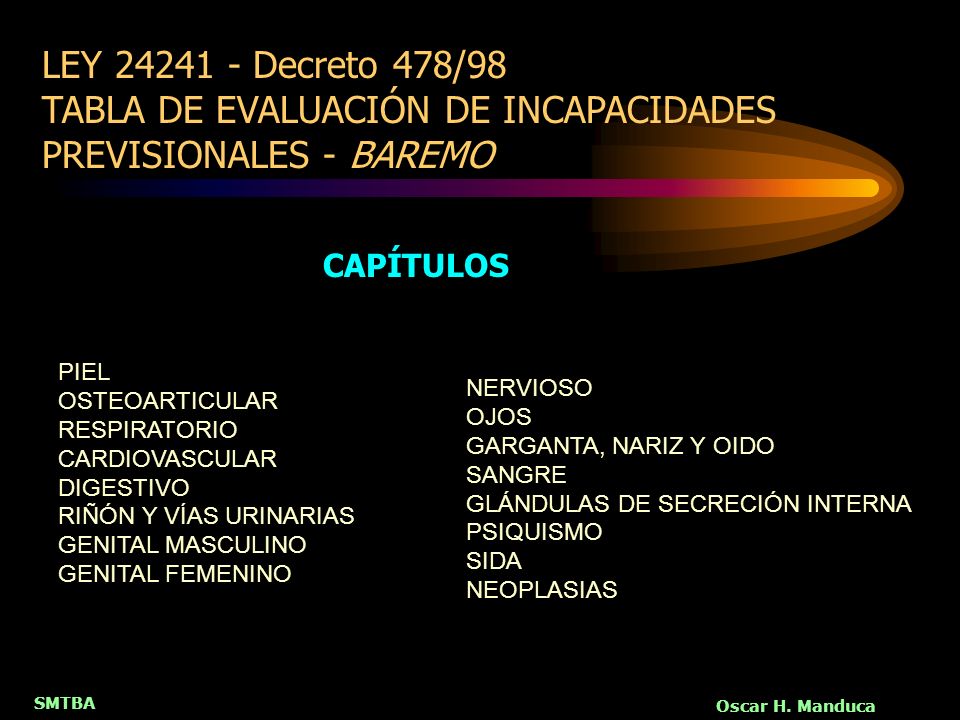 LEY Decreto 478/98 TABLA DE EVALUACIÓN DE INCAPACIDADES PREVISIONALES - BAREMO