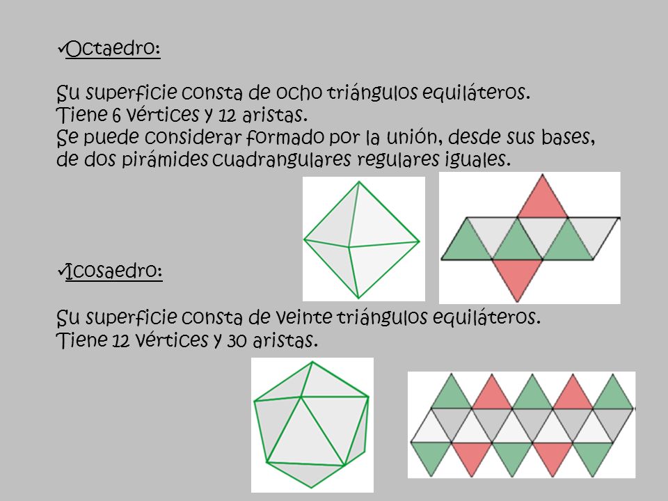 Octaedro: Su superficie consta de ocho triángulos equiláteros. Tiene 6 vértices y 12 aristas.