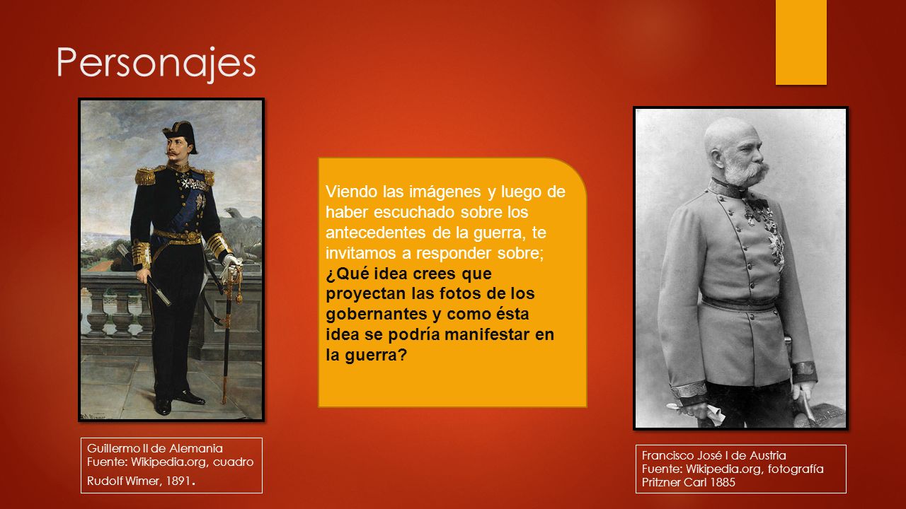 Personajes Viendo las imágenes y luego de haber escuchado sobre los antecedentes de la guerra, te invitamos a responder sobre;