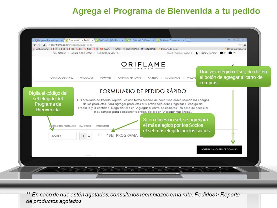 Digita el código del set elegido del Programa de Bienvenida