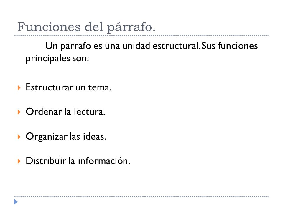 Funciones del párrafo. Un párrafo es una unidad estructural. Sus funciones principales son: Estructurar un tema.