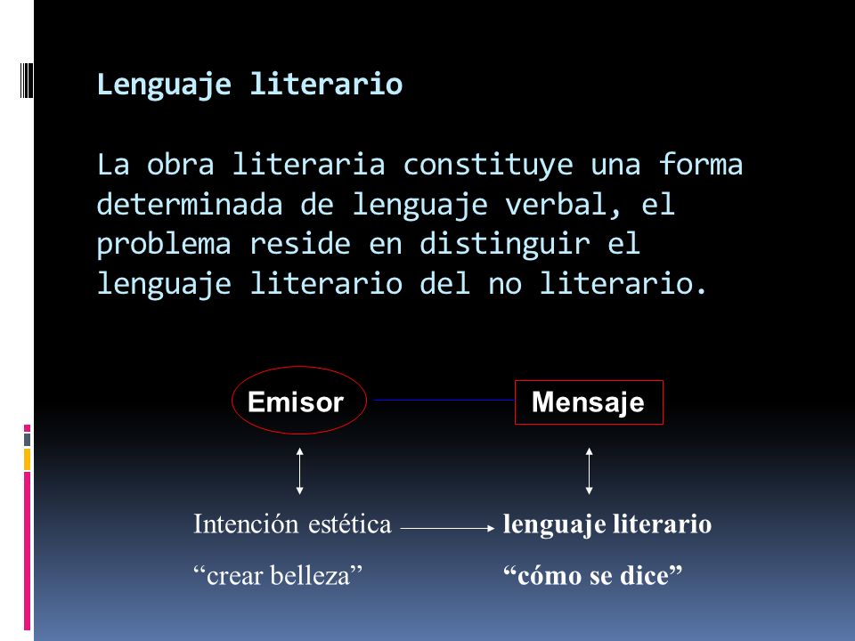 Lenguaje literario La obra literaria constituye una forma determinada de lenguaje verbal, el problema reside en distinguir el lenguaje literario del no literario.