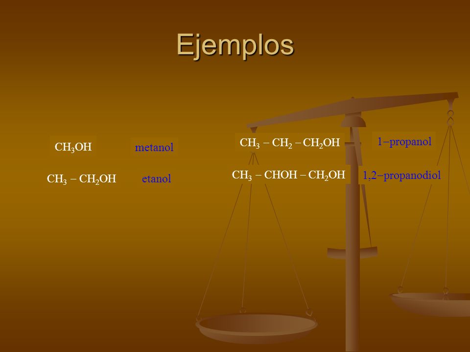 Ejemplos CH3 - CH2 - CH2OH 1-propanol CH3OH metanol CH3 - CHOH - CH2OH
