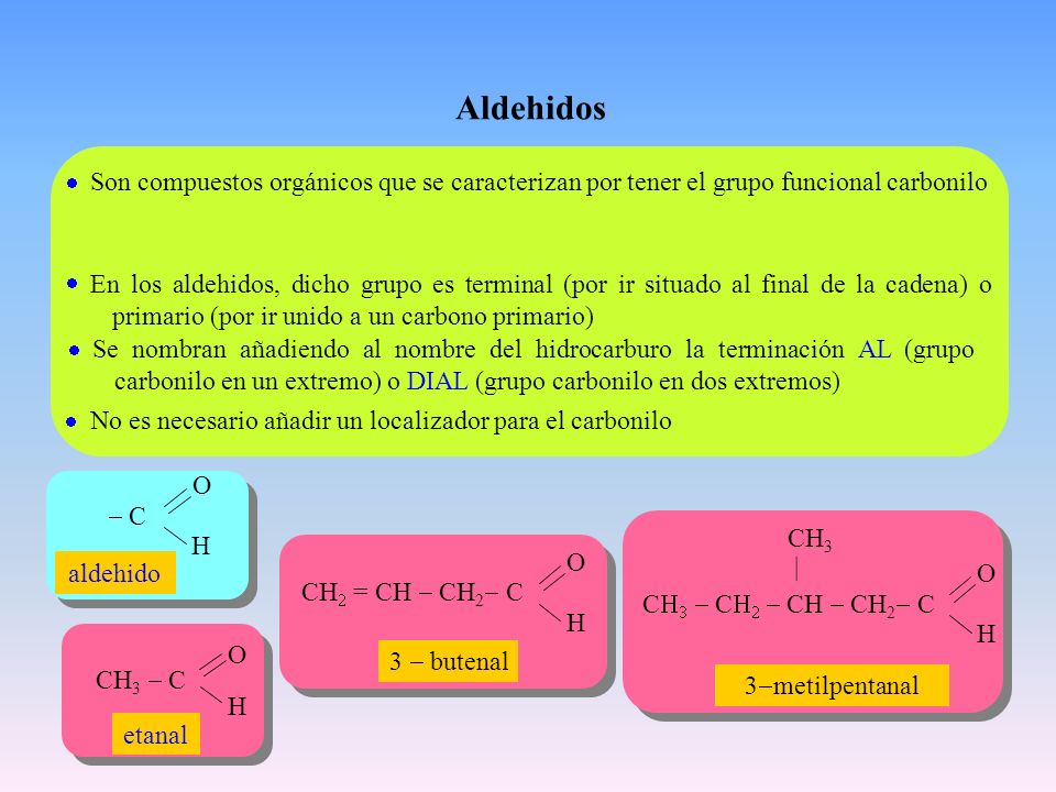 Aldehidos  Son compuestos orgánicos que se caracterizan por tener el grupo funcional carbonilo.
