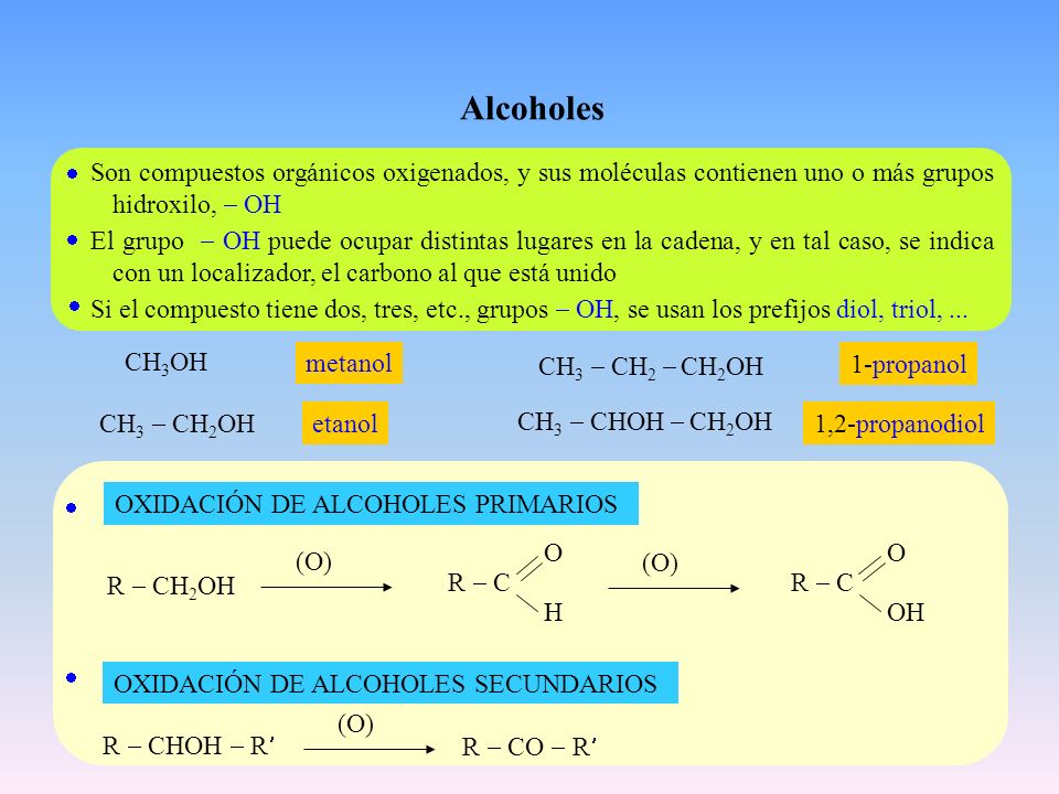 Alcoholes  Son compuestos orgánicos oxigenados, y sus moléculas contienen uno o más grupos hidroxilo, - OH.
