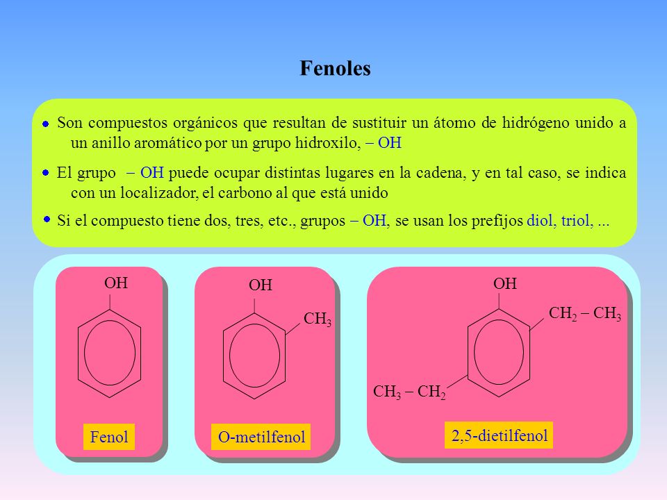 Fenoles  Son compuestos orgánicos que resultan de sustituir un átomo de hidrógeno unido a un anillo aromático por un grupo hidroxilo, - OH.