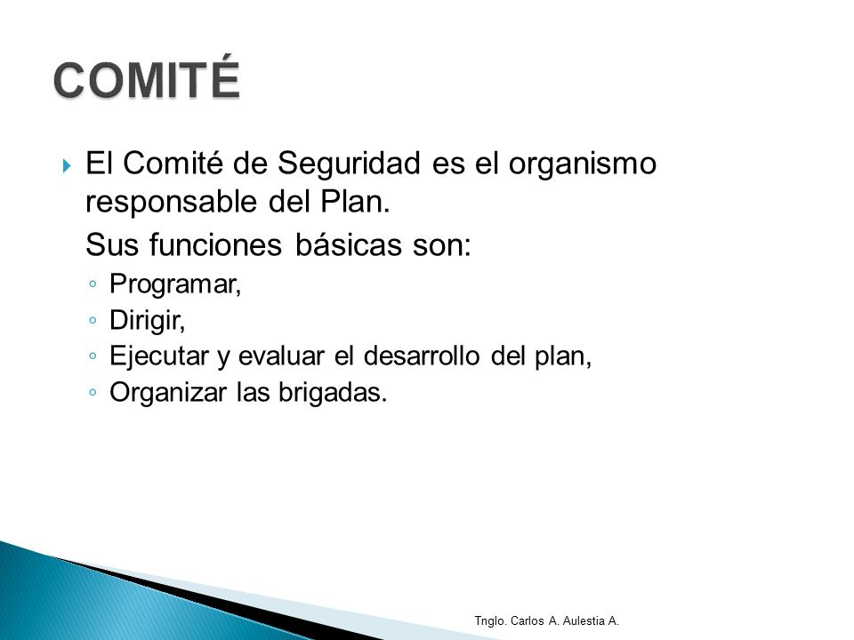COMITÉ El Comité de Seguridad es el organismo responsable del Plan.