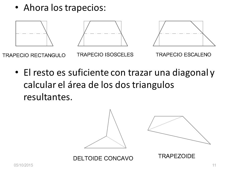 Ahora los trapecios: El resto es suficiente con trazar una diagonal y calcular el área de los dos triangulos resultantes.