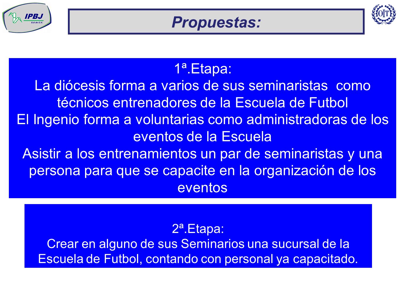Propuestas: 1ª.Etapa: La diócesis forma a varios de sus seminaristas como técnicos entrenadores de la Escuela de Futbol.