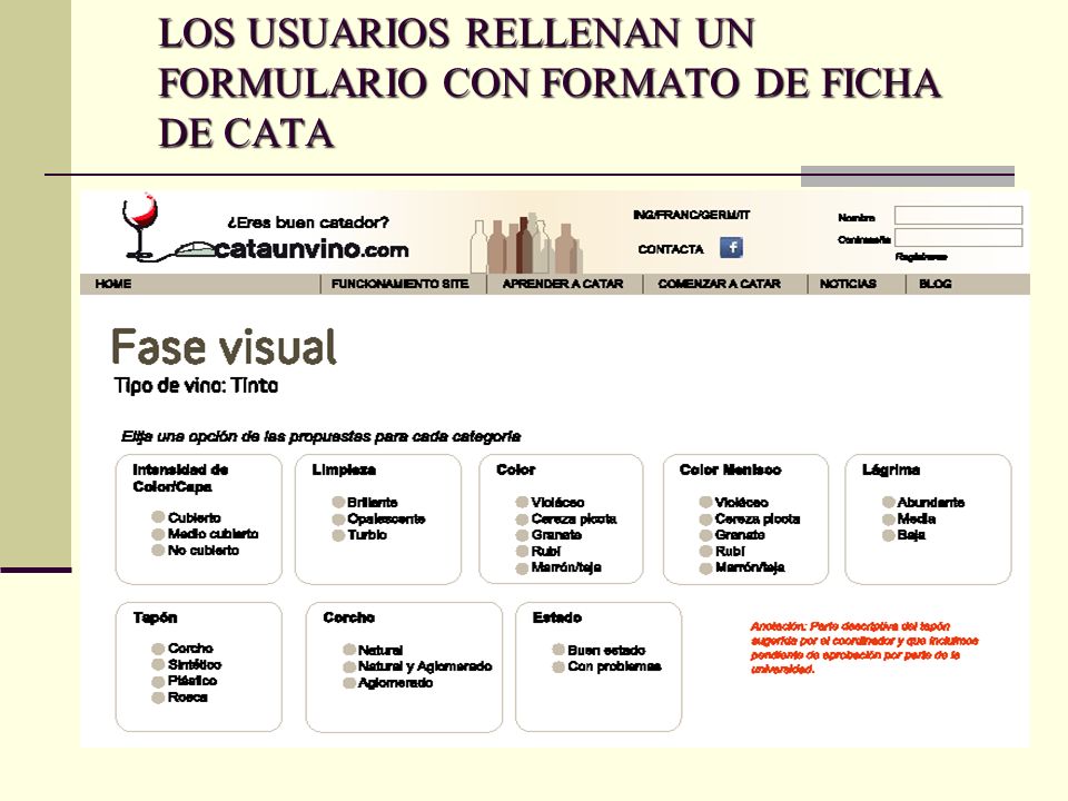 LOS USUARIOS RELLENAN UN FORMULARIO CON FORMATO DE FICHA DE CATA