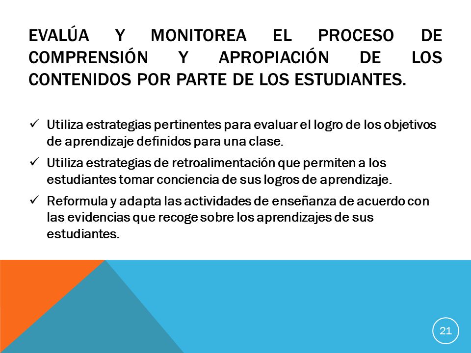 Evalúa y monitorea el proceso de comprensión y apropiación de los contenidos por parte de los estudiantes.