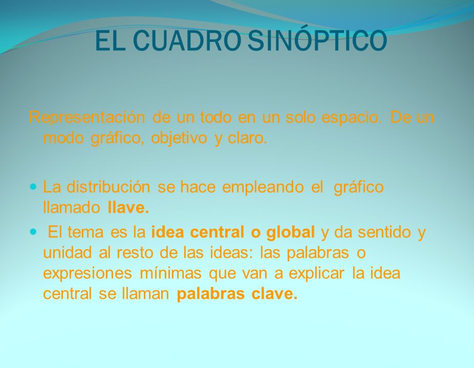 EL CUADRO SINÓPTICO Representación de un todo en un solo espacio. De un modo gráfico, objetivo y claro.