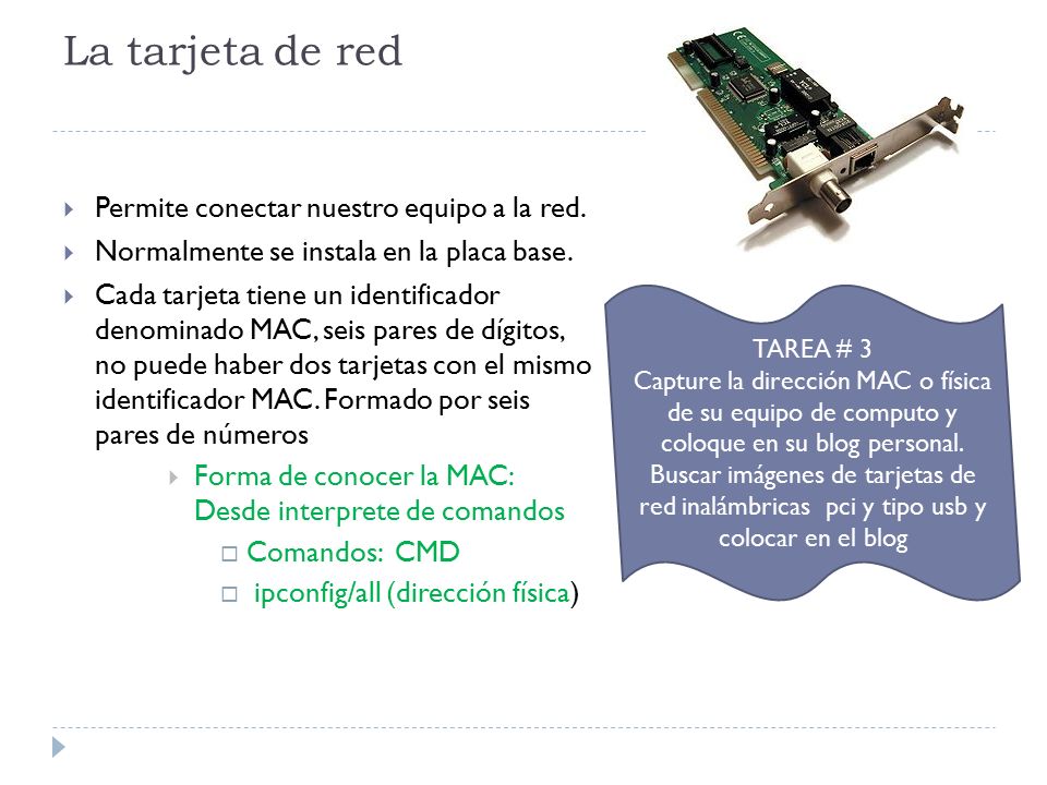 La tarjeta de red Permite conectar nuestro equipo a la red.