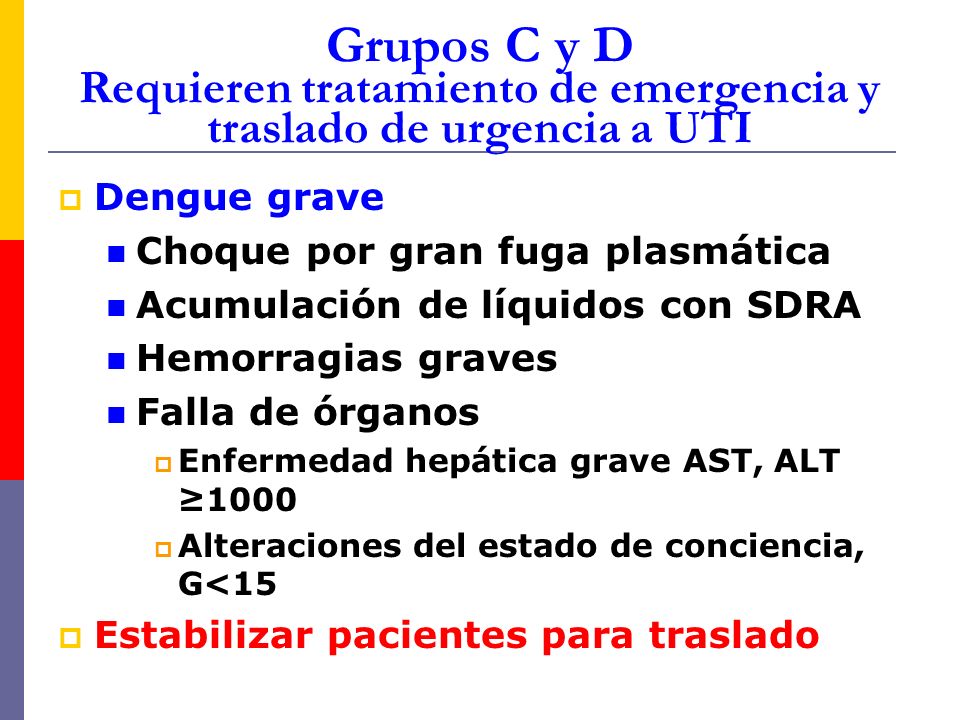 Grupos C y D Requieren tratamiento de emergencia y traslado de urgencia a UTI