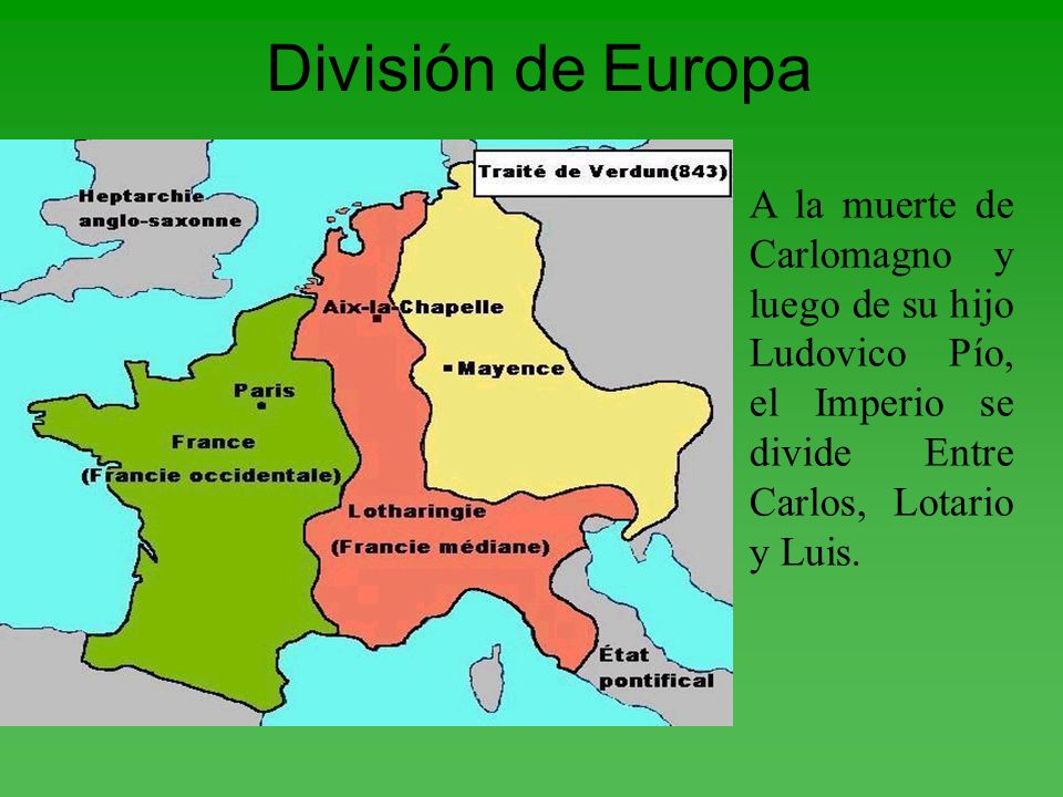 División de Europa A la muerte de Carlomagno y luego de su hijo Ludovico Pío, el Imperio se divide Entre Carlos, Lotario y Luis.