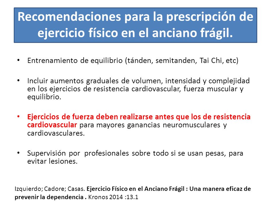 Recomendaciones para la prescripción de ejercicio físico en el anciano frágil.
