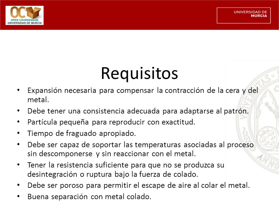 Requisitos Expansión necesaria para compensar la contracción de la cera y del metal. Debe tener una consistencia adecuada para adaptarse al patrón.