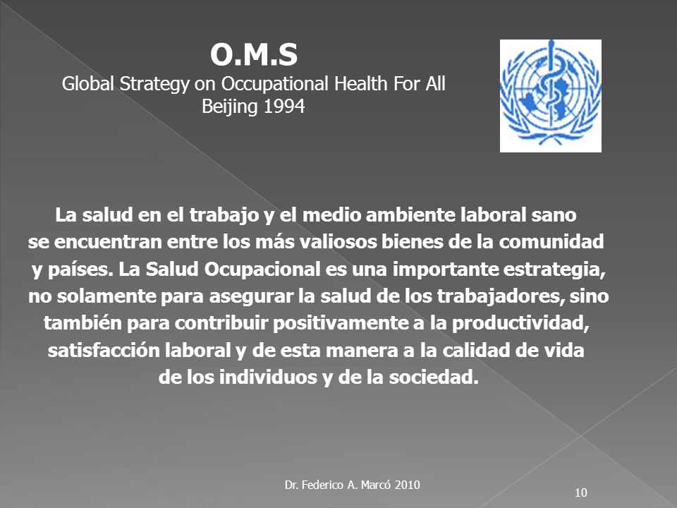 O.M.S Global Strategy on Occupational Health For All Beijing 1994