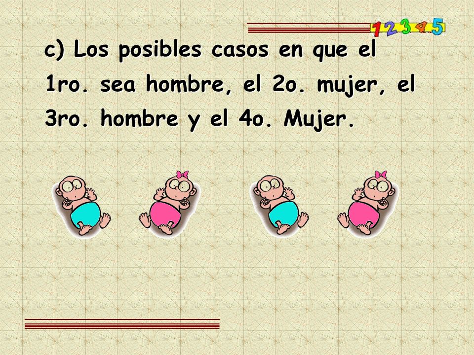 c) Los posibles casos en que el 1ro. sea hombre, el 2o. mujer, el 3ro
