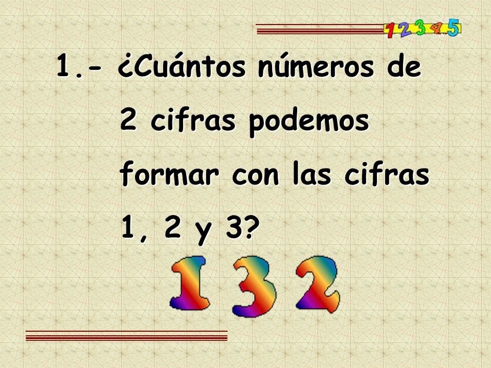 1.- ¿Cuántos números de 2 cifras podemos formar con las cifras 1, 2 y 3