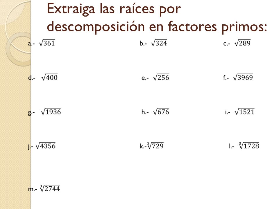 Extraiga las raíces por descomposición en factores primos: