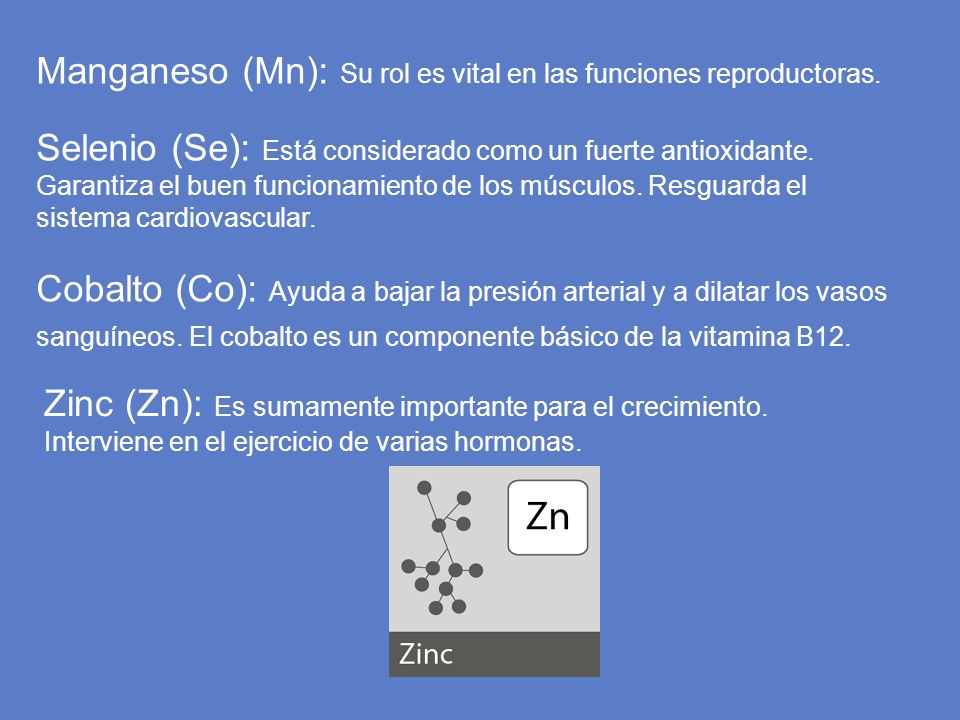 Manganeso (Mn): Su rol es vital en las funciones reproductoras.