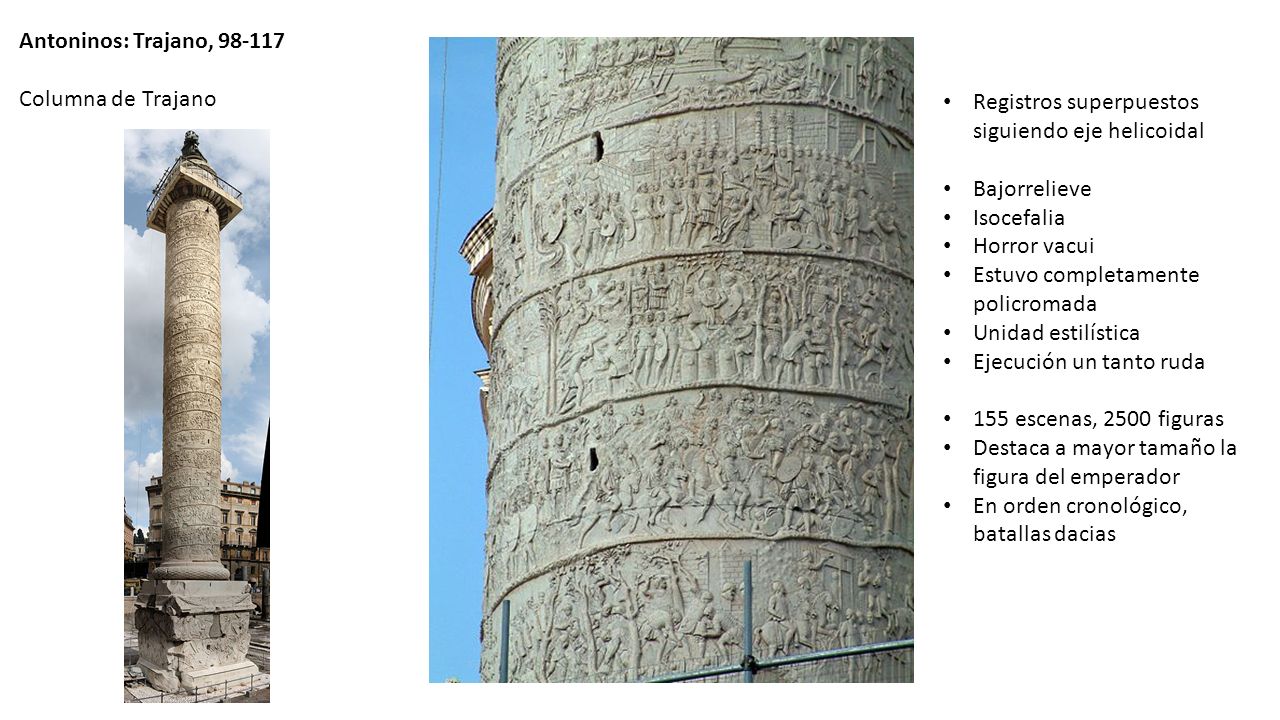 Antoninos: Trajano, Columna de Trajano. Registros superpuestos siguiendo eje helicoidal. Bajorrelieve.