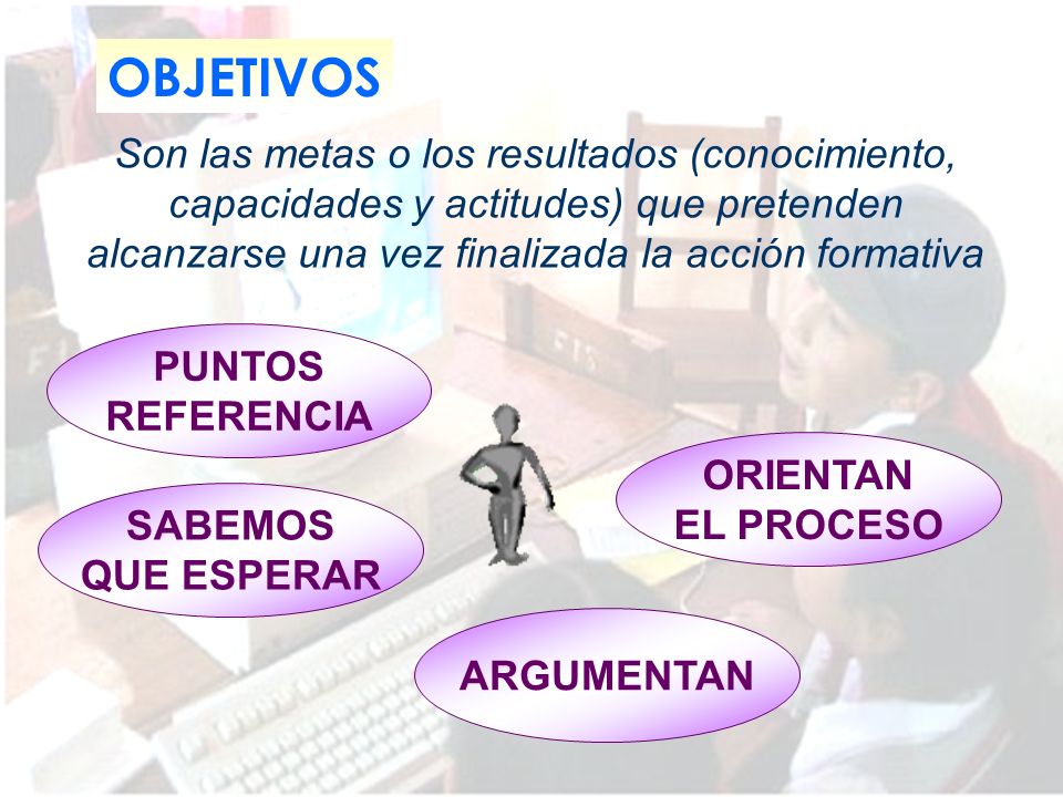 OBJETIVOS Son las metas o los resultados (conocimiento, capacidades y actitudes) que pretenden alcanzarse una vez finalizada la acción formativa.