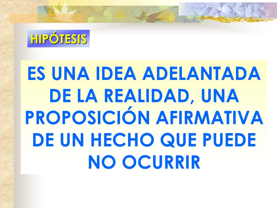 HIPÓTESIS ES UNA IDEA ADELANTADA DE LA REALIDAD, UNA PROPOSICIÓN AFIRMATIVA DE UN HECHO QUE PUEDE NO OCURRIR.