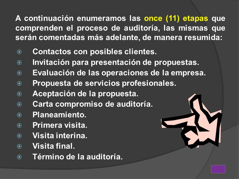 A continuación enumeramos las once (11) etapas que comprenden el proceso de auditoría, las mismas que serán comentadas más adelante, de manera resumida: