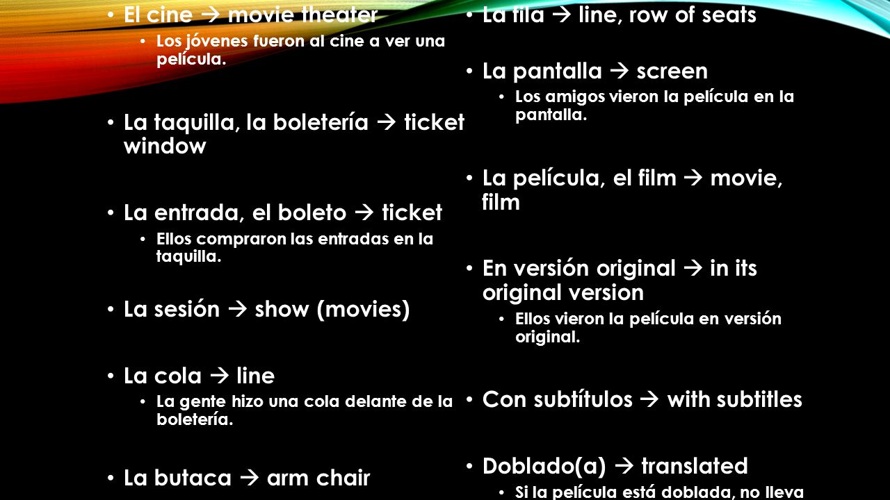 La fila  line, row of seats La pantalla  screen