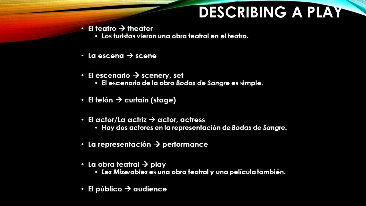Describing a play El teatro  theater La escena  scene