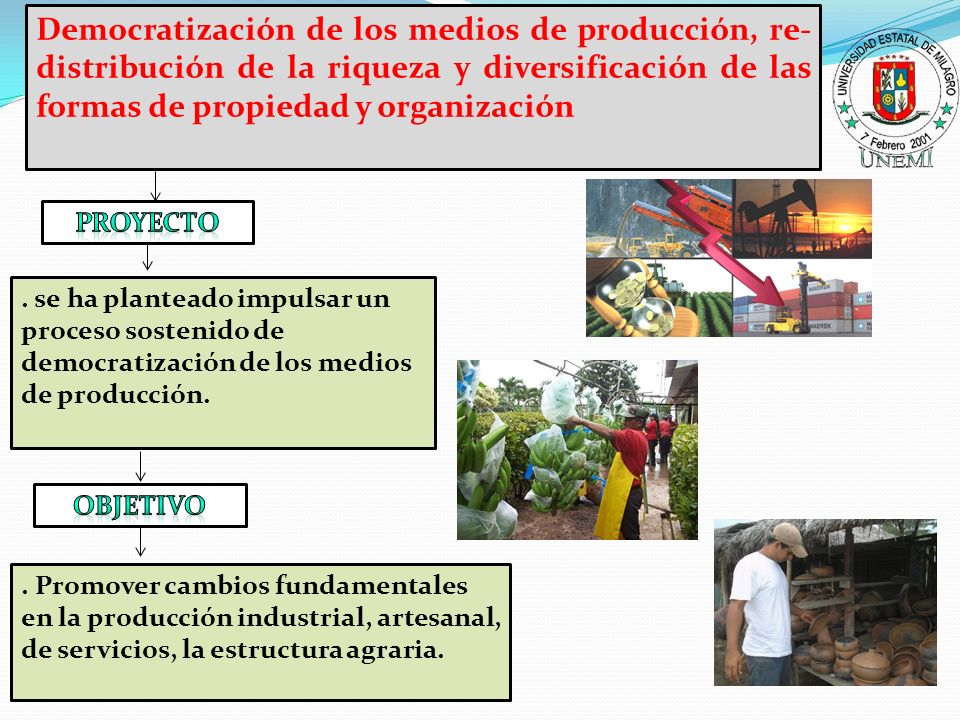Democratización de los medios de producción, re-distribución de la riqueza y diversificación de las formas de propiedad y organización