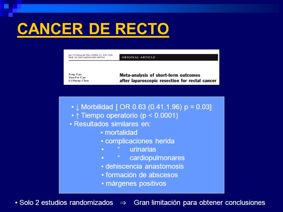 CANCER DE RECTO ↓ Morbilidad [ OR 0.63 (0.41,1.96) p = 0.03]