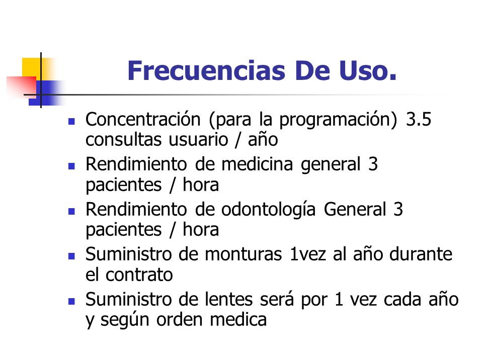 Frecuencias De Uso. Concentración (para la programación) 3.5 consultas usuario / año. Rendimiento de medicina general 3 pacientes / hora.