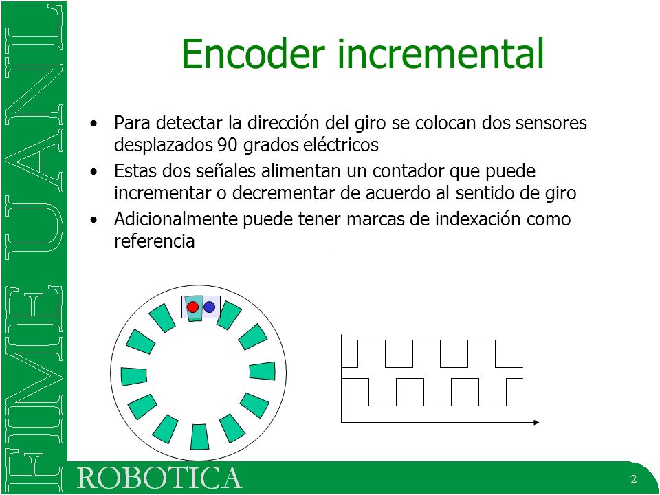 Encoder incremental Para detectar la dirección del giro se colocan dos sensores desplazados 90 grados eléctricos.
