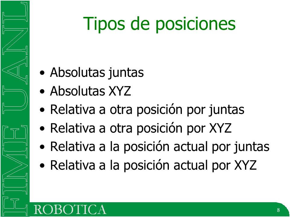 Tipos de posiciones Absolutas juntas Absolutas XYZ