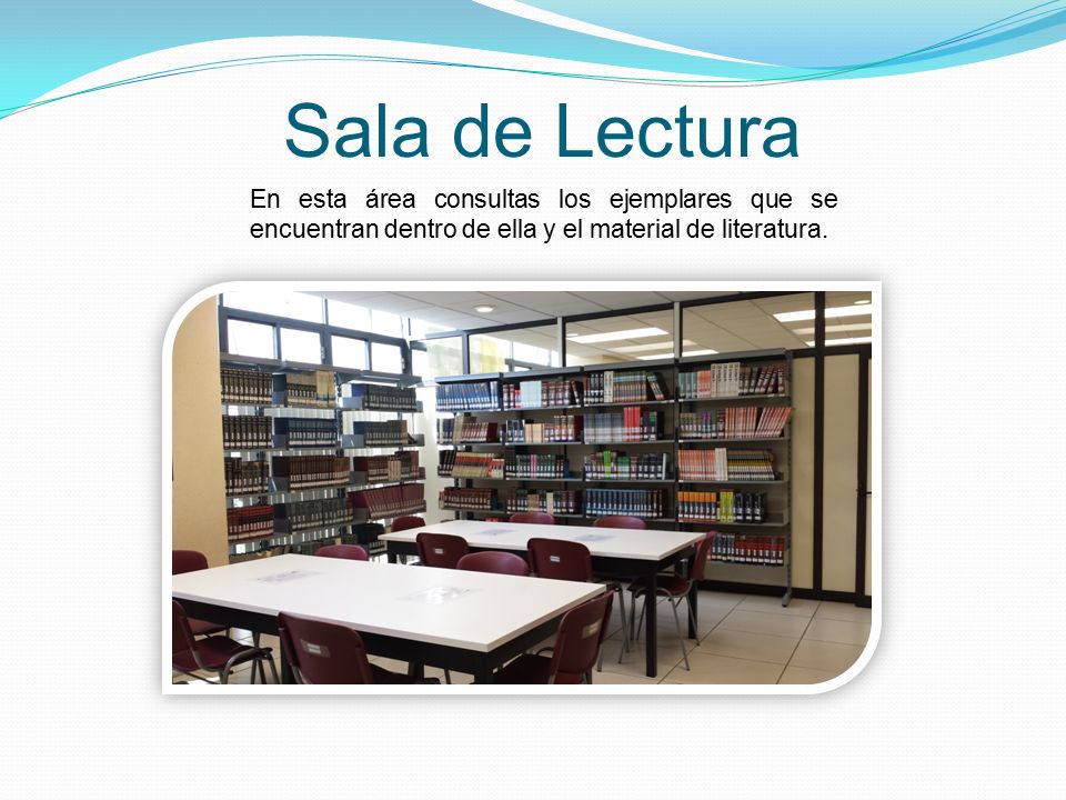 Sala de Lectura En esta área consultas los ejemplares que se encuentran dentro de ella y el material de literatura.